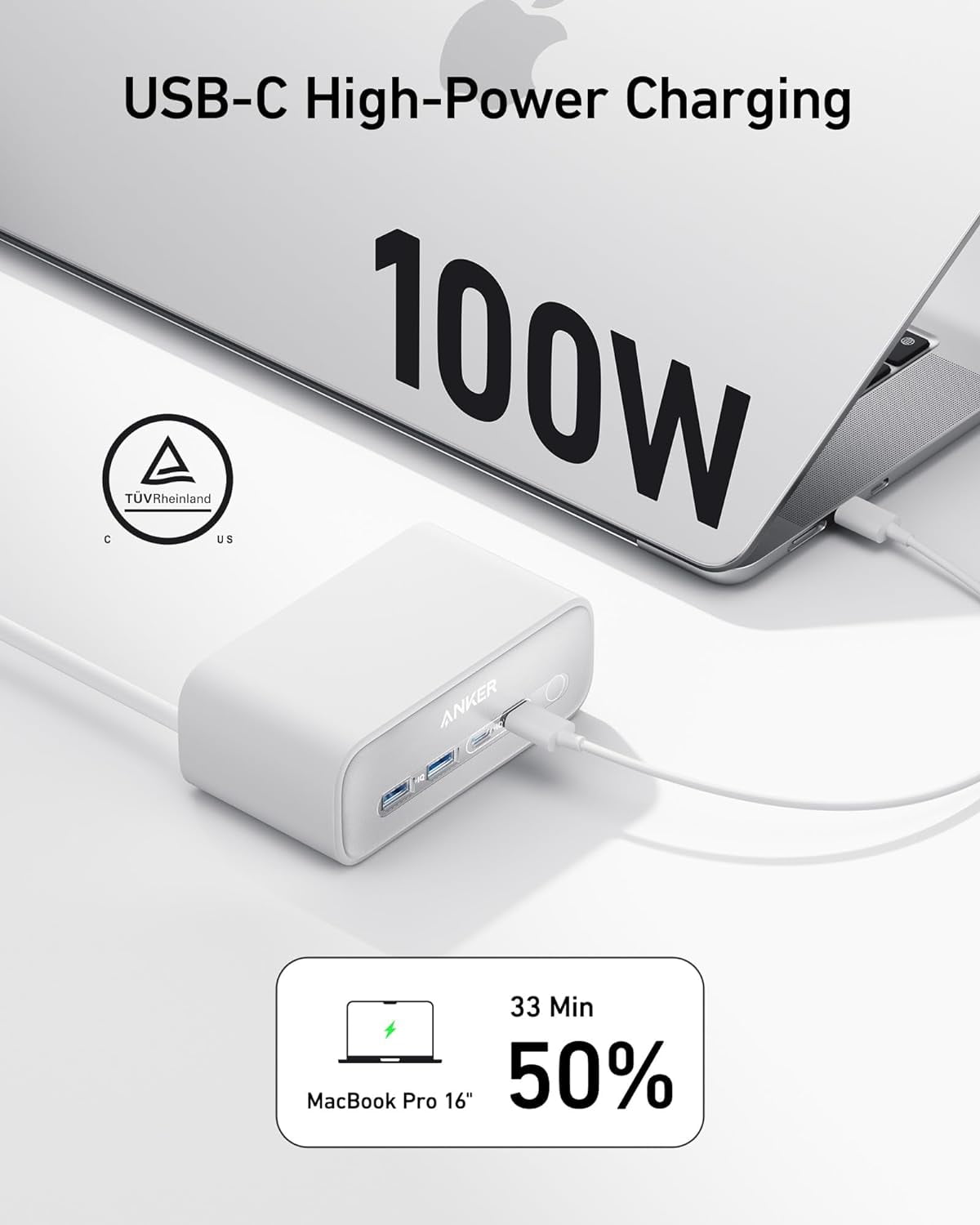 Anker Charging Station(100W Max), 7-in-1 USB C Power Strip for iPhone 15/14 and Macbook Air/Pro, 5ft Thin Cord,3 AC, 2 USB A,2 USB C,Power Delivery Desktop Accessory for MacBook Pro,Home&Office(White)