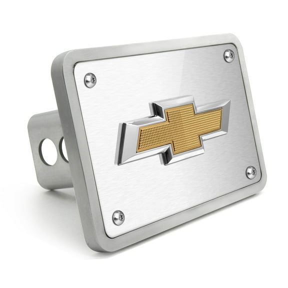 iPick Image for Chevrolet 3D Gold Logo on Brush Silver Billet Aluminum 2-inch Tow Hitch Cover, Official Licensed