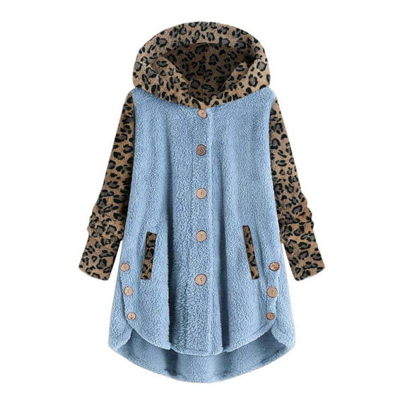 Women Plus Size Fleece Jackets Winter Button Jackets Plush Hooded Cardigan Wool Coat