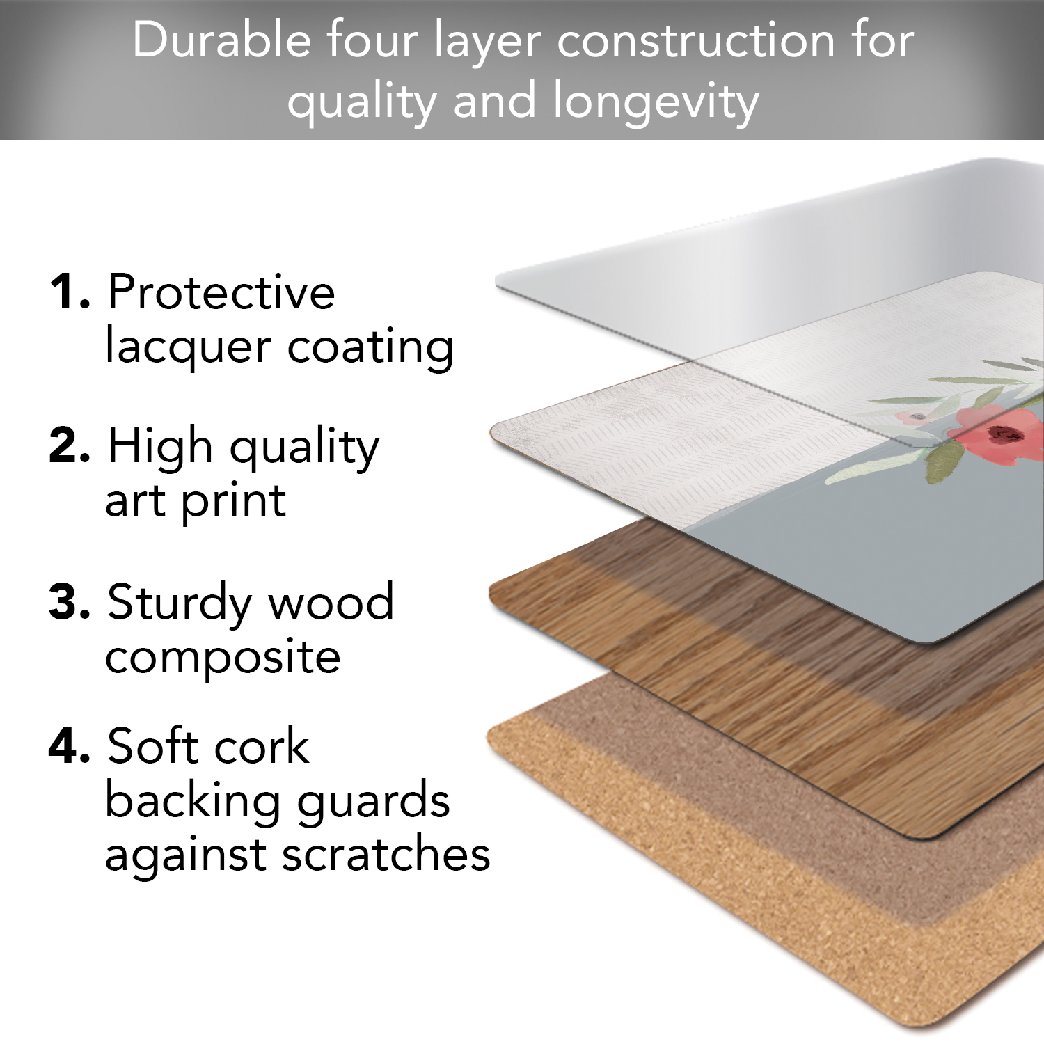 CounterArt "Pink Flower on Gray" Hardboard Tabletop Placemats 4-Pack