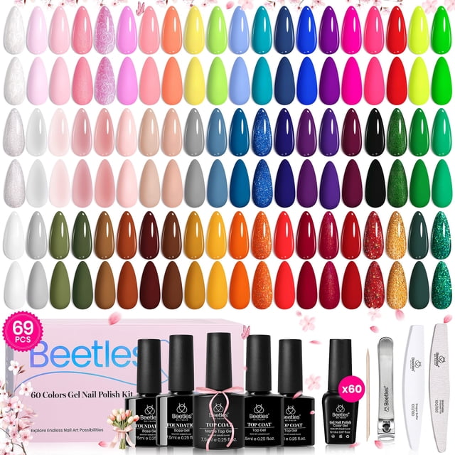 Set de esmaltes de uñas Beetles Gel, 60 colores con capa base superior, 69 unidades