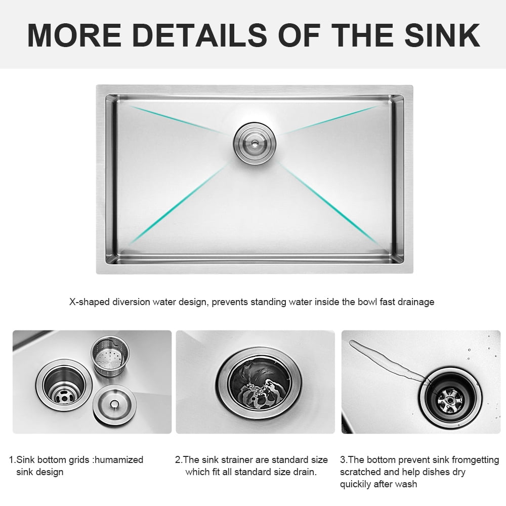 Boyuevi 32 Inch Undermount Sink - 32" x 19" x 9" Undermount Stainless Steel Kitchen Sink 16 Gauge 9 Inch Deep Single Bowl Kitchen Sink Basin, Includes Drain Assembly (No Additional Accessories)