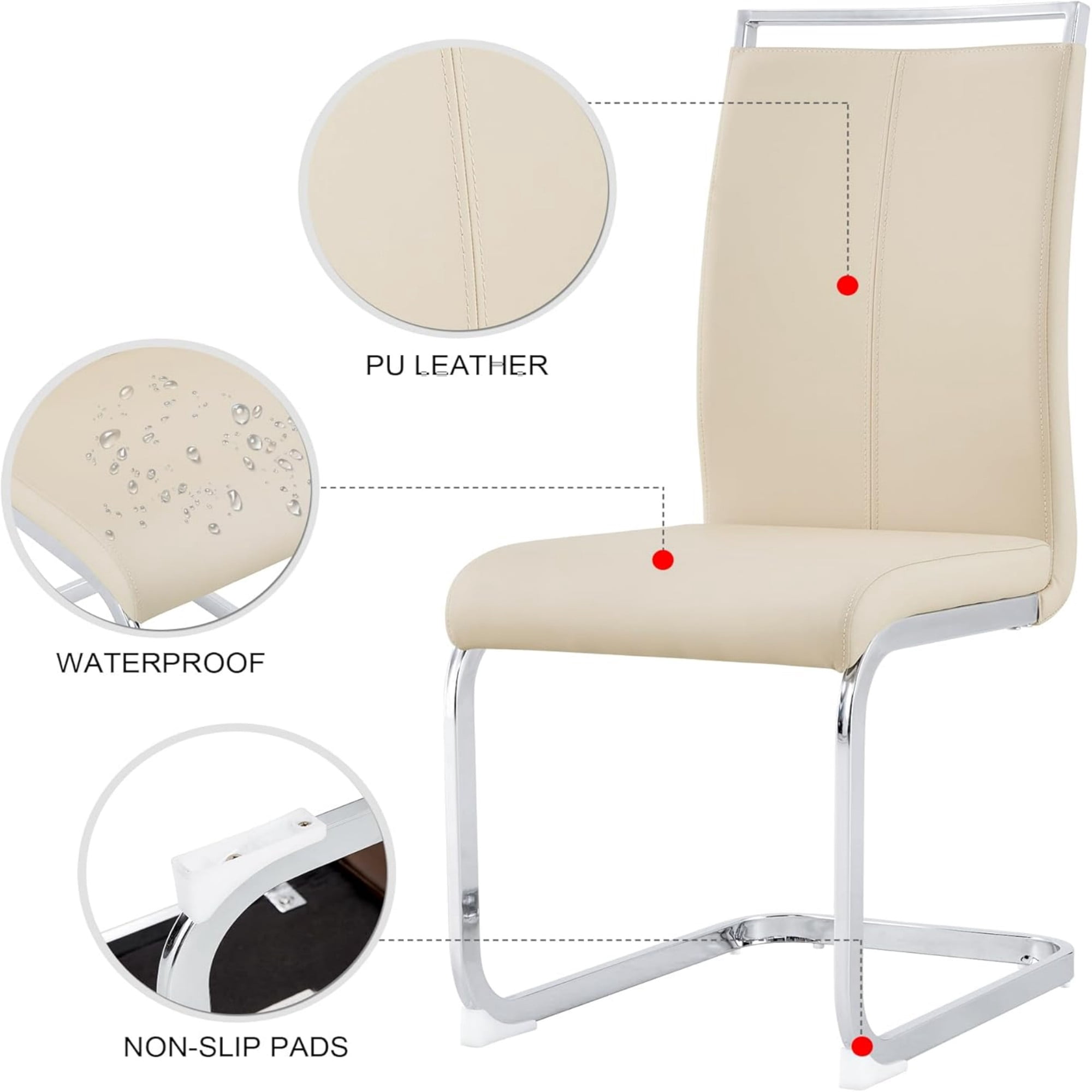 TesNus Dining Chair Set, Beige PU Leather High Back with Chrome Cantilever Frame, Set of 4 for Dining Room