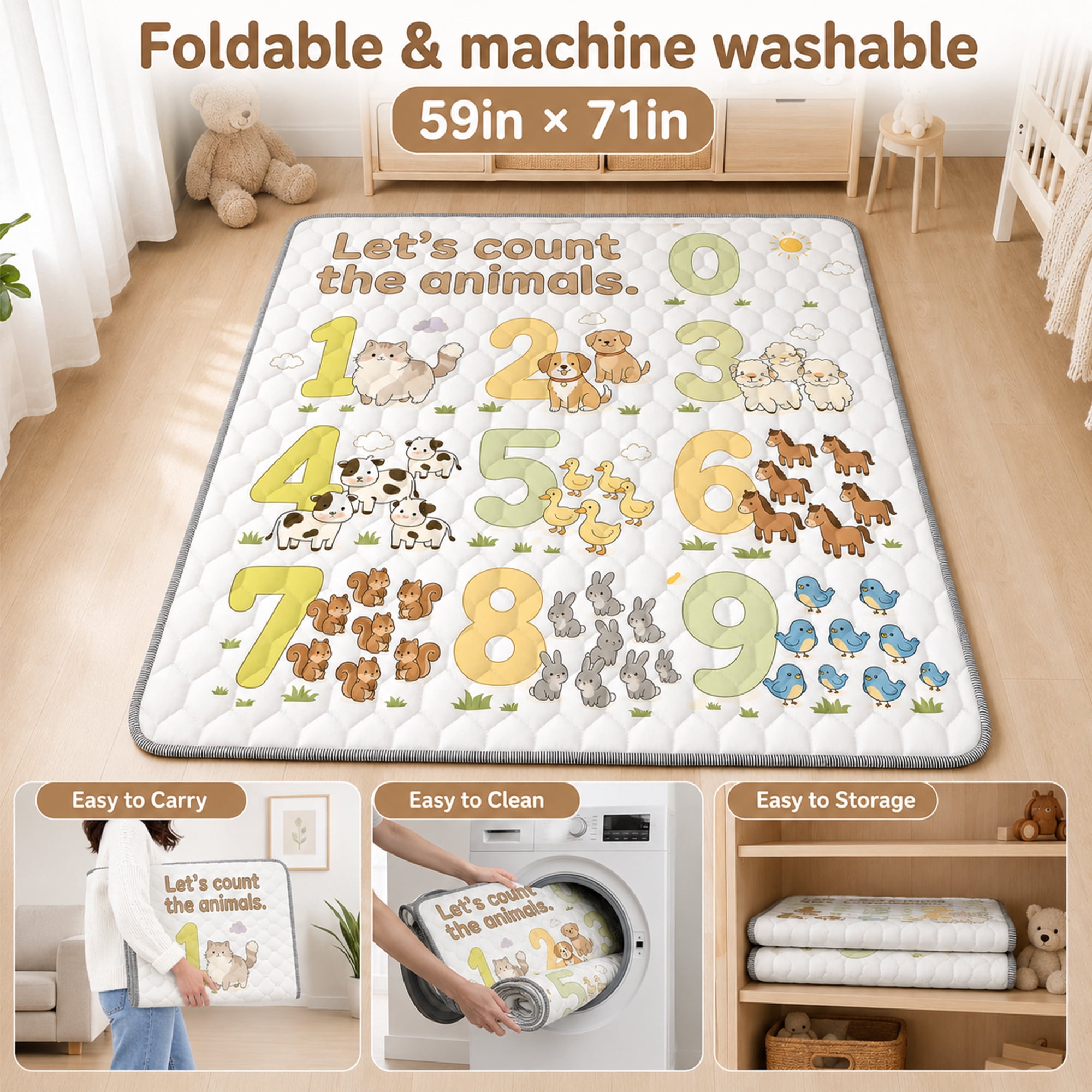 BEAUTYPEAK Large Baby Play Mat, 59"x71" Crawling Mat for Floor, Non-Slip Foldable Mat for Toddlers and Babies