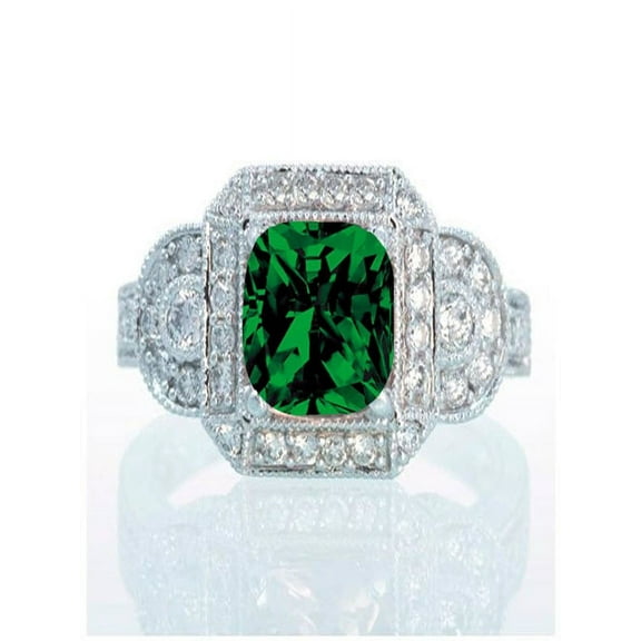 1.5 Carat Vintage Princess Cut Emerald and Diamond Designer Halo Engagement Ring on 10k White Gold