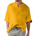 thumbnail image 1 of Men's Solid Color Pleated Quarter Sleeve Top Men's Retro V-Neck Top4XL, 1 of 5