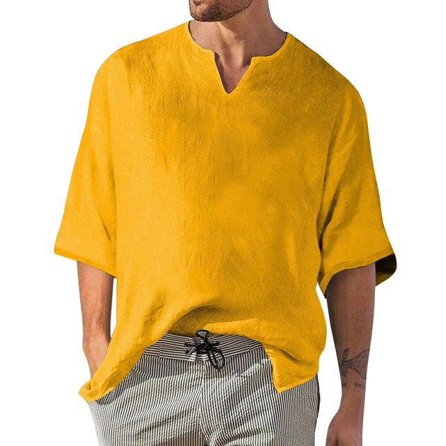 Men's Solid Color Pleated Quarter Sleeve Top Men's Retro V-Neck Top4XL