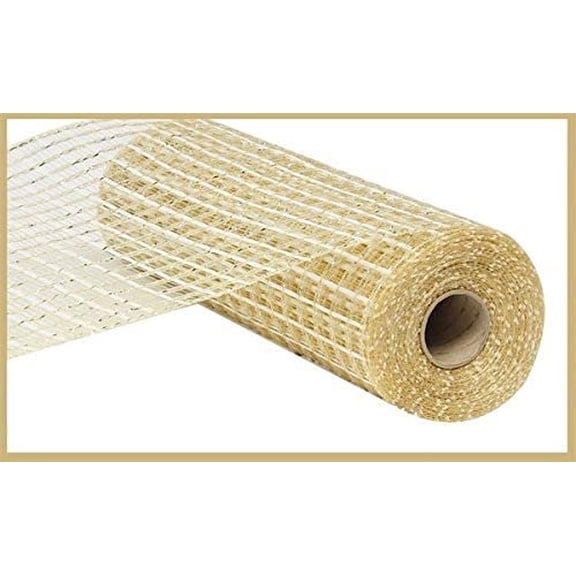 10 inch x 30 feet Deco Poly Mesh Ribbon - Thin Double Stripe Champagne