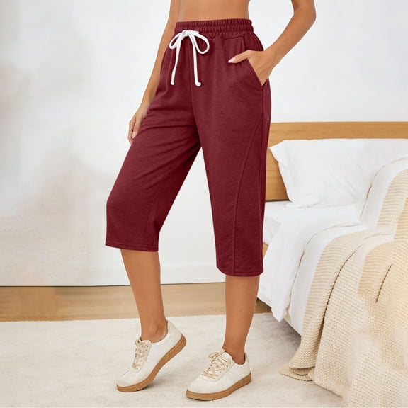 LYHBC Womens Capri Pants Casual Elastic Waist Drawstring Stretch Breathable Sports Workout Pants with Pockets