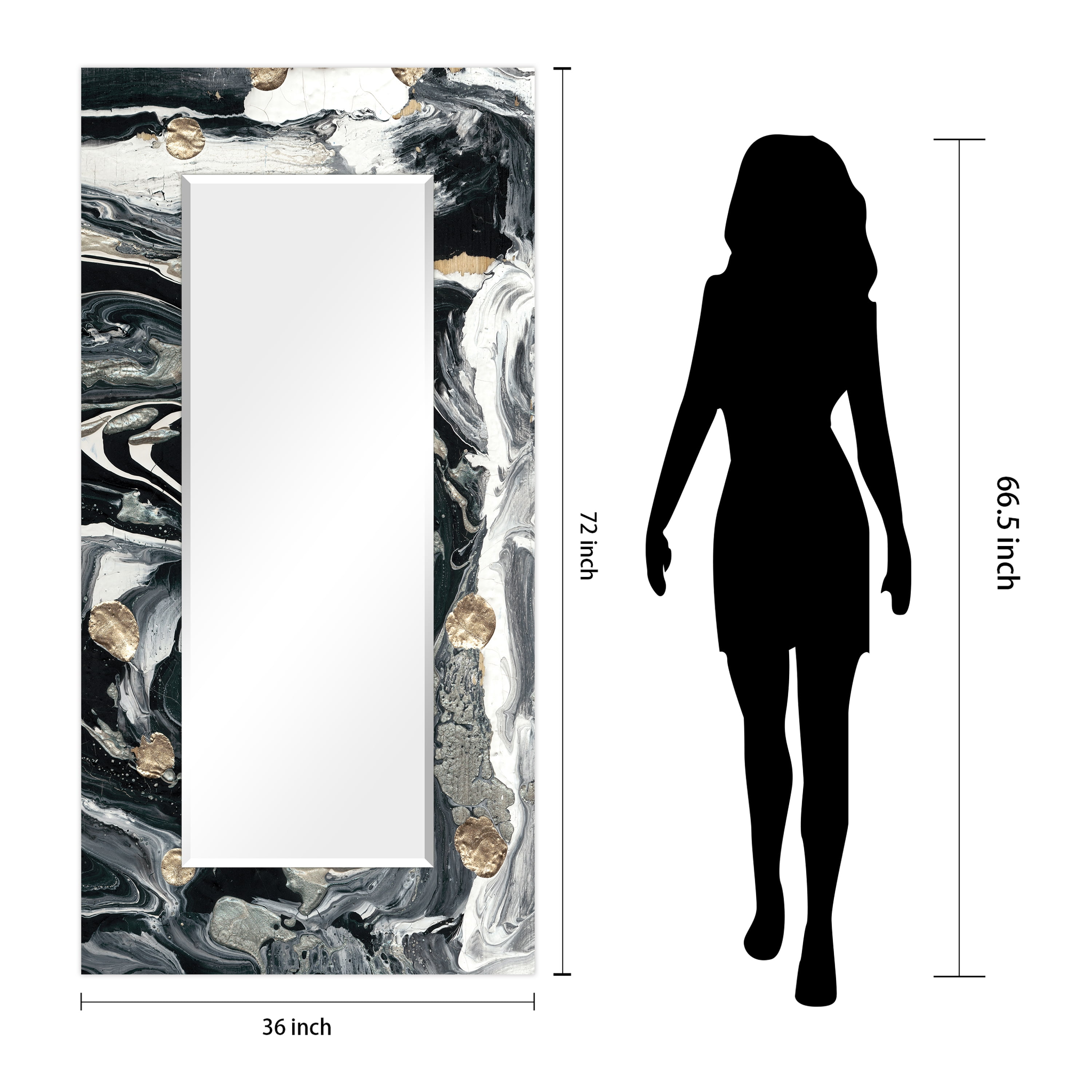 Empire Art Direct Ebony & Ivory Rectangular Beveled Mirror on Free Floating Reverse Printed Tempered Art Glass, 72" x 36" x 0.4", Ready to Hang