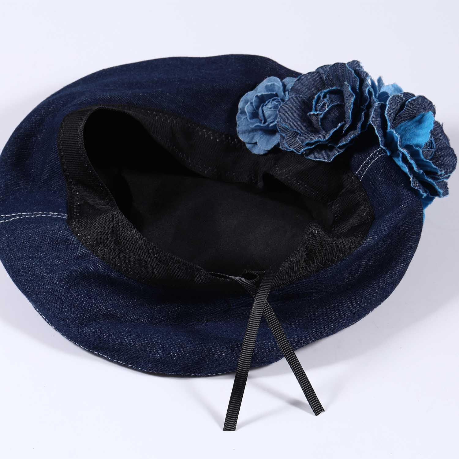 Denim Flower Beret Hat Painter Hat for Women French Hat Artist Hat Casual Sun Hat with Adjustable Strap