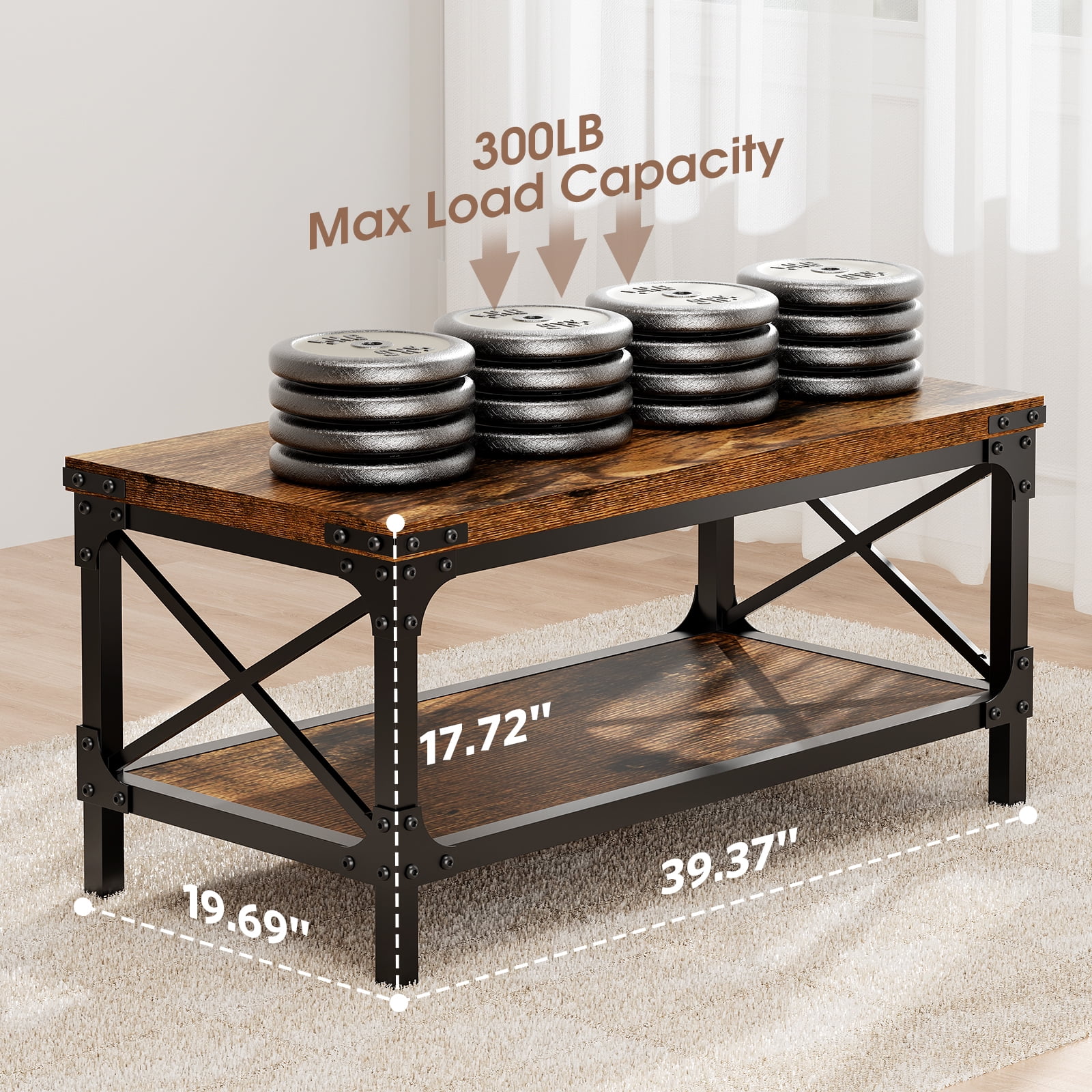 LazySpin Industrial Rectangle Wood Coffee Table for Living Room, Rustic Brown