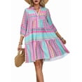 thumbnail image 2 of Women'S 3/4 Long Sleeve Dresses Casual V Neck Print Button Flowy Boho Mini Beach Dress As Shown S, 2 of 10