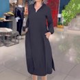 thumbnail image 2 of Midsumdr Fall Dresses for Women Fashion Turndown Collar Solid Color Temperament Long Sleeve Maxi Dresses Loose Plus Size Swing Slit Dresses with Pockets, 2 of 5
