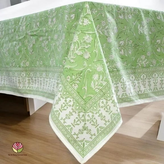 New Era Creation Pear Green and White Floral Indian Hand Block Printed Tablecloth with Border Design all Around, Table Cover And Linen Set