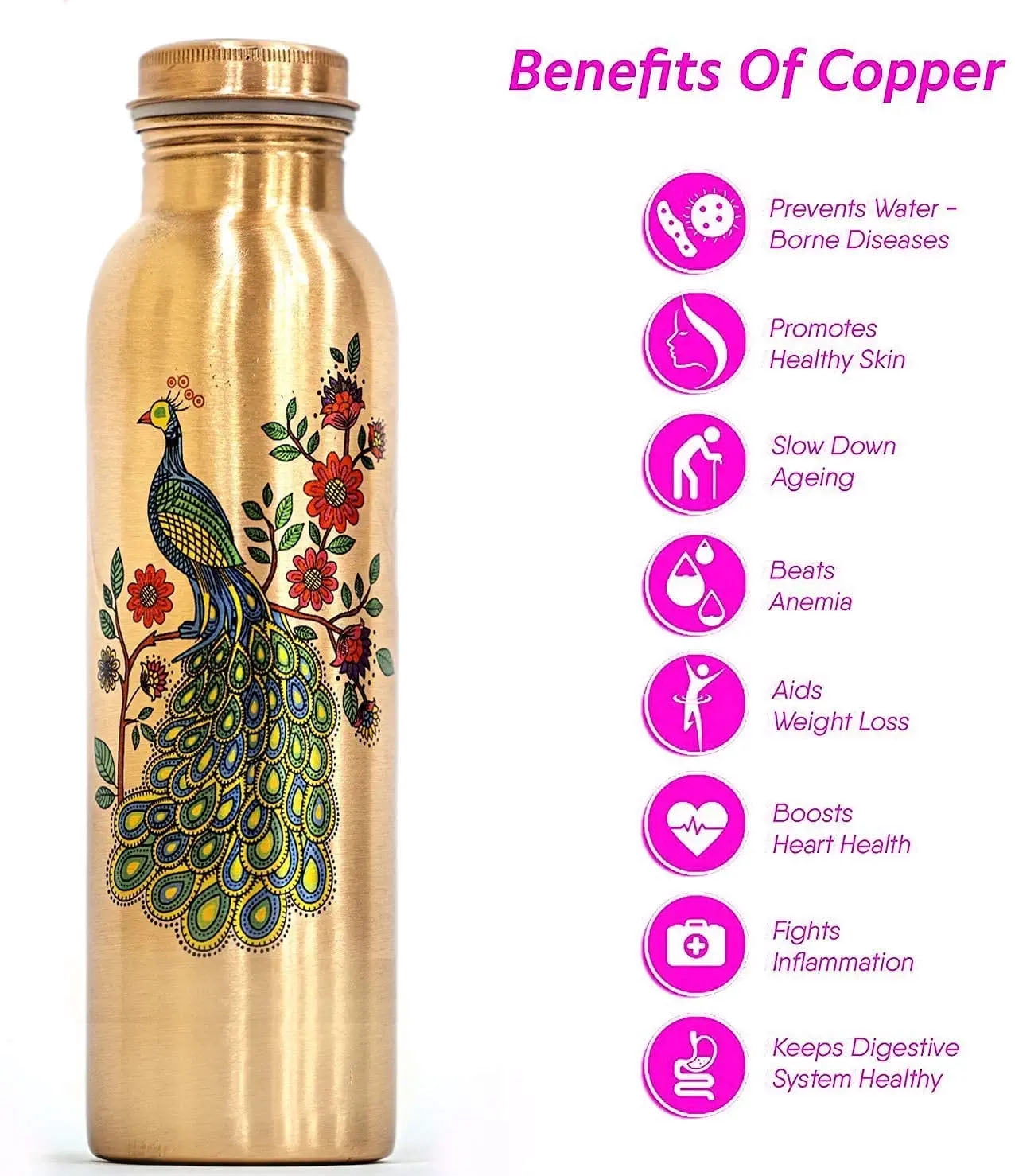 AYURVEDA 100% Pure COPPER 1000ML Peacock Printed Matte Coated Pure Copper Water Bottle 2 Set