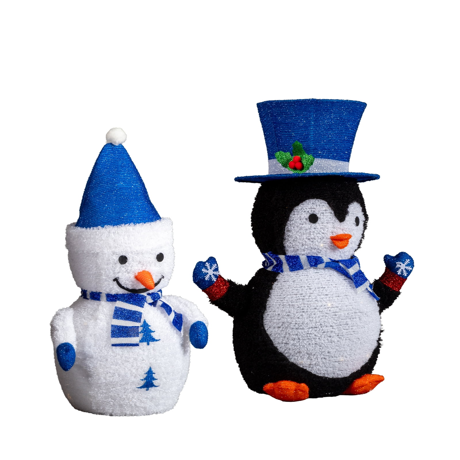 Astoutdoor Set of 2 Lighted Plush Penguin and Snowman Christmas Decorations, Pre-lit Pull Up Holiday Decor with 100 Warm White LED Lights
