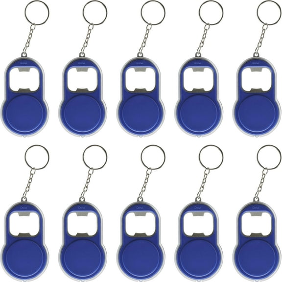 Bottle Opener & LED Keychains Set of 10, Bulk Pack - Perfect for Tradeshows, Party Favors, Other Events - Blue