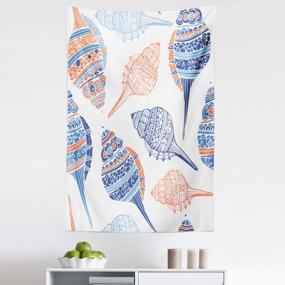 Seashell Tapestry, Maritime Sealife Sea Creatures Colorful Seashells in the Beach Doodle, Fabric Wall Hanging Decor for Bedroom Living Room Dorm, 5 Sizes, Blue White Pale Orange, by Ambesonne