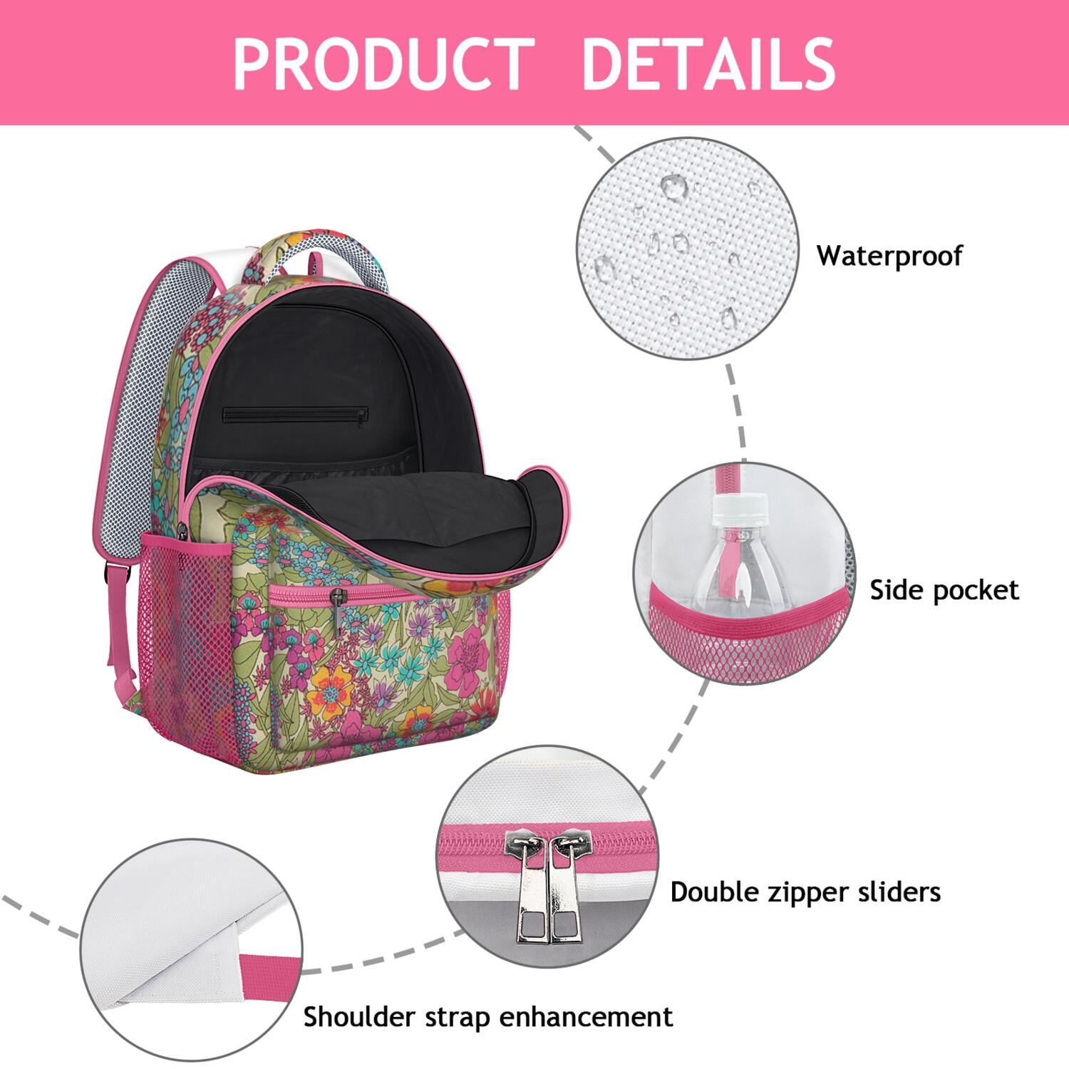 Nature Inspired Floral Print Bookbag - Waterproof Stylish Backpack for Commuters