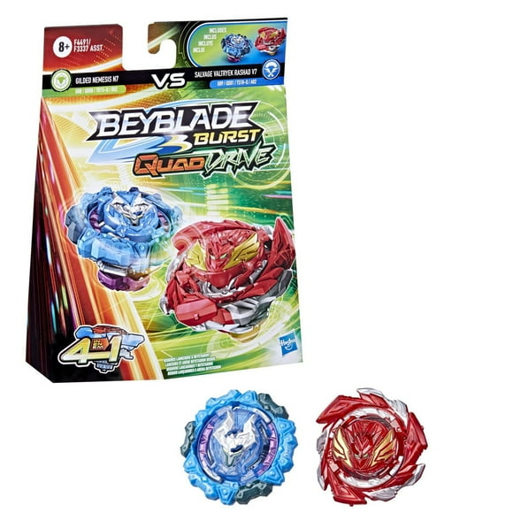 Beyblade Burst QuadDrive, Pack de 2 toupies de compétition Salvage Valtryek Rashad V7 et Gilded Nemesis N7