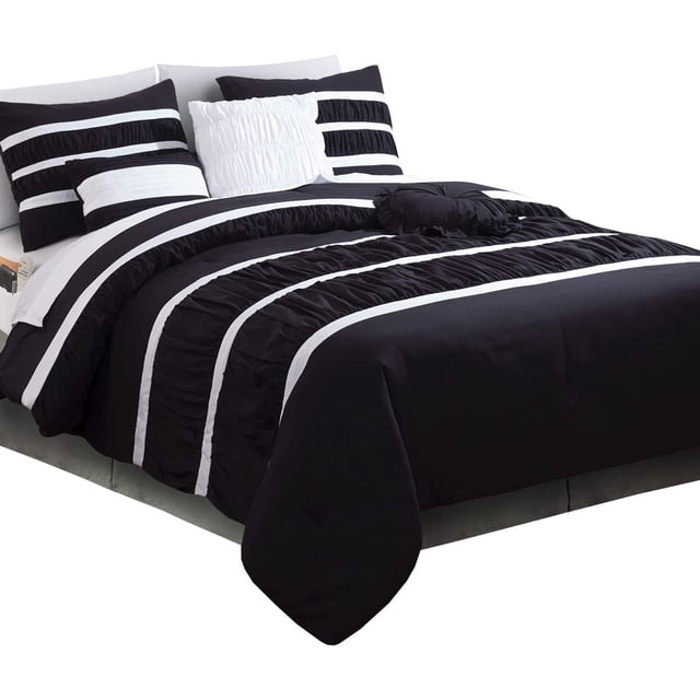 Comforter Set - Isabella Pleated Ruched Bed-in-a-Bag with Smart Sheet Set and Matching Decorative Pillows - 12-Piece Set, Full/Queen, Black