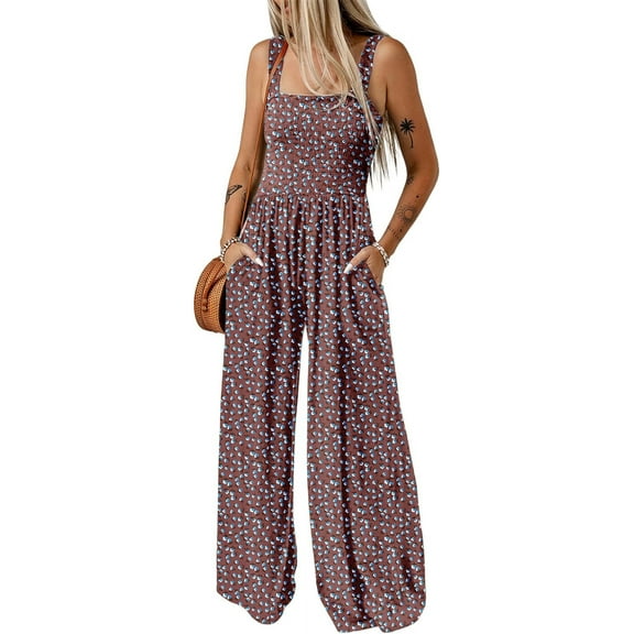 Women's Casual Loose Overalls Jumpsuits One Piece Sleeveless Printed Wide Leg Long Pant Rompers With Pockets
