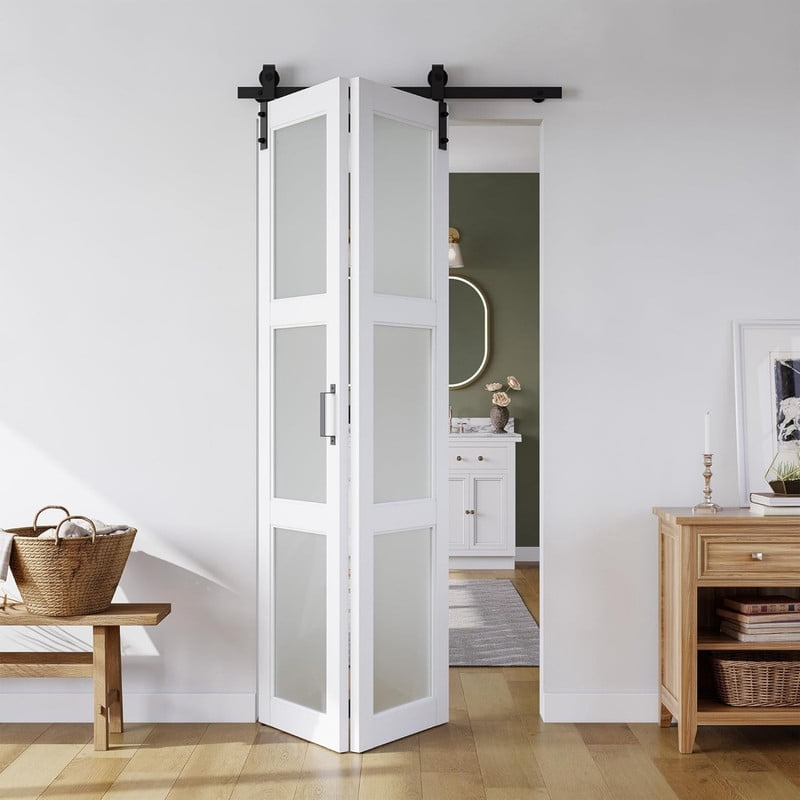 Easy4Home 36"x84" Bifold Barn Door Frosted Glass Design with Hardware and Track Kit