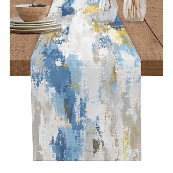 Blue Yellow Beige Table Runner Retro Abstract Modern Art Painting Tablerunners 13 x 90 Inch, Table Decorations Tabletop Scarf for Summer Gathering Holiday Farmhouse Kitchen Dining Decor