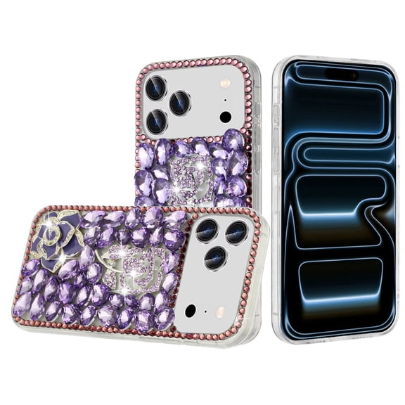 For iPhone 17 Pro Max Floral Full Diamond Bling Case Cover - Purple