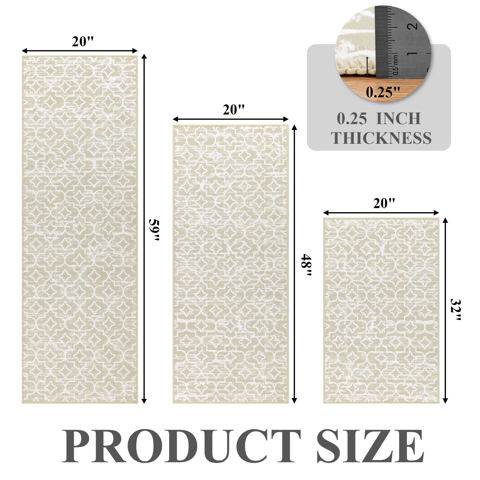 MeyJey Beige Kitchen Rug Set 3 Piece, Non Slip Machine Washable Mats for Home Floor and Living Room