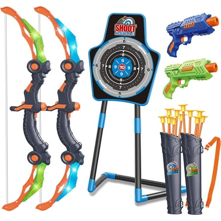 Wellsay 2 Bow and Arrow Sets with LED Light-up 2 Foam Dart Guns for Kids 5 6 7 8 9 10+ Years Old Archery Set with Standing Target for Boys & Girl Ideal Gift