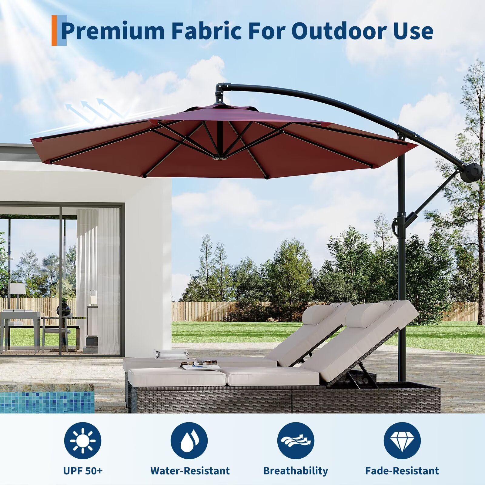 HELLONE 10FT Cantilever Umbrella outdoor patio, Offset Patio Umbrella with Easy Lift & Tilt Adjustment, UV Protection Fade Resistant for Deck, Pool, Garden, Burgundy