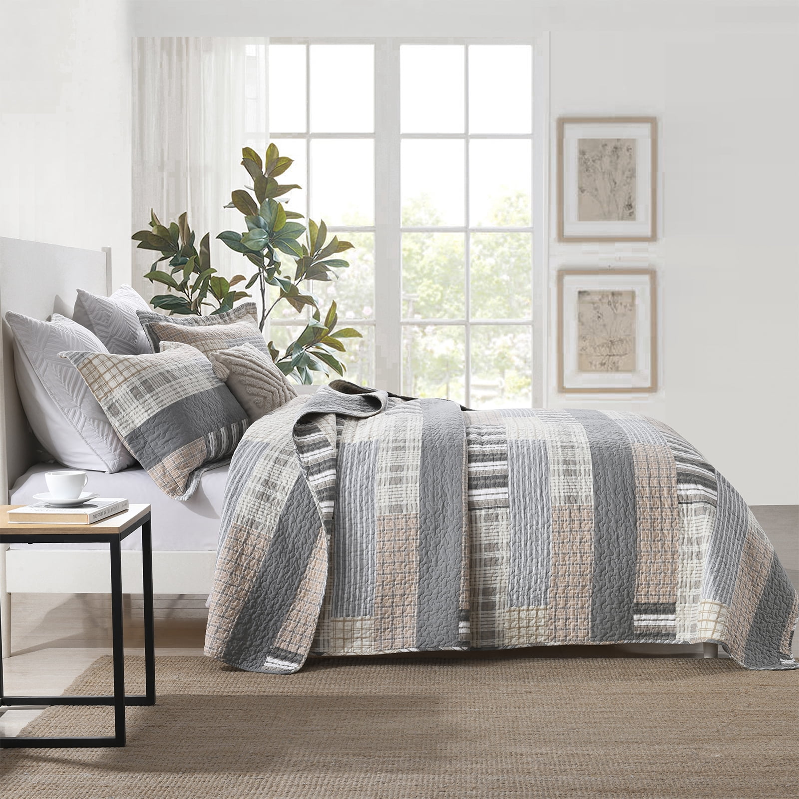Bedduvit 100% Cotton King Size Quilt Set - Farmhouse Grey Brown Beige Quilt King Size Bedspread, Patchwork Striped Plaid Soft Lightweight Reversible Coverlet Bedding Set with 2 Shams for All Season