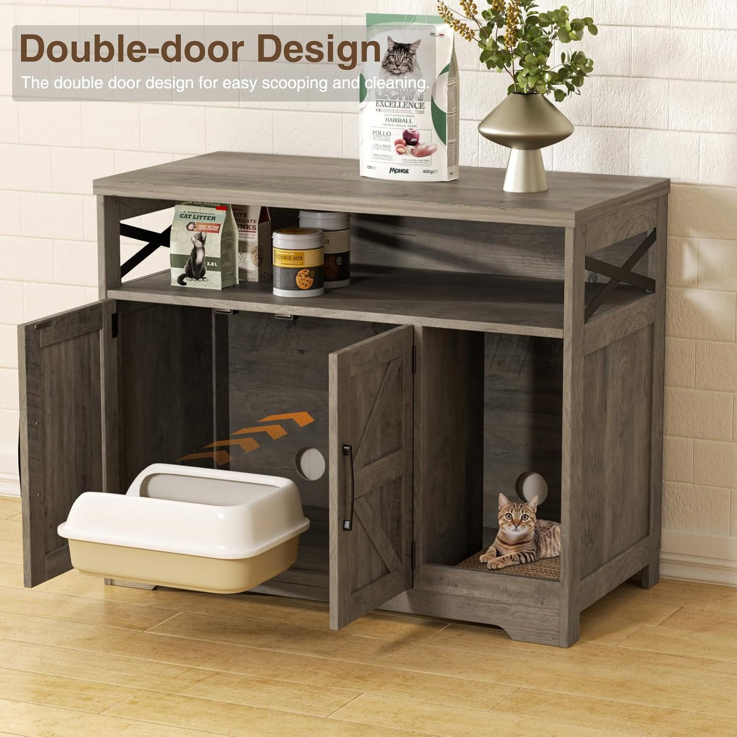 VEANERWOOD Cat Litter Box Enclosure with Cat Scratch Pad,Hidden Cat Washroom Furniture with Entry Open Compartment,Gray