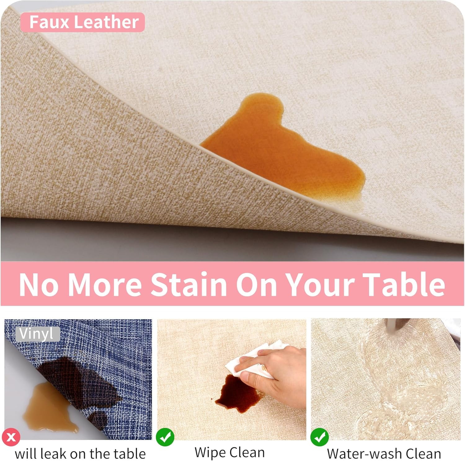 Lifestance Faux Leather Placemats Set of 6, Waterproof Heat Resistant Non Slip Dining Table Mats, 17x12 inch Rectangle Beige, Indoor Outdoor Use