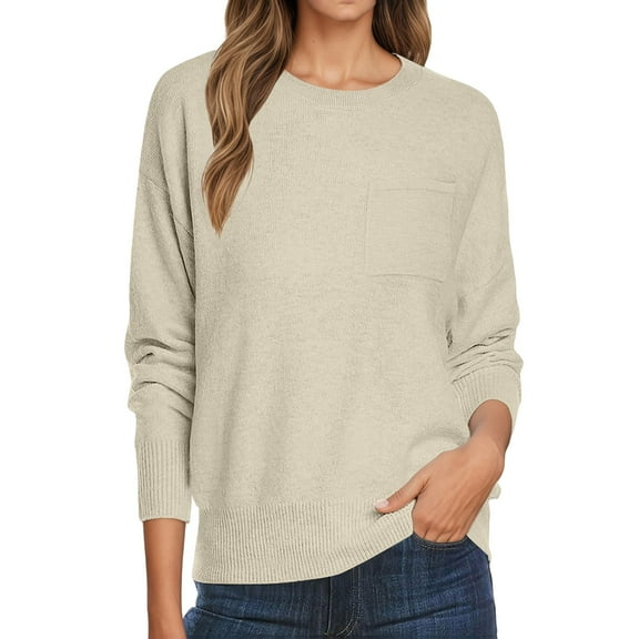 Fiaer Women's Sweater with Pocket Plus Size Crew Neck Knitted Pullover Long Sleeve Trendy Casual Baggy Black Tops Khaki S