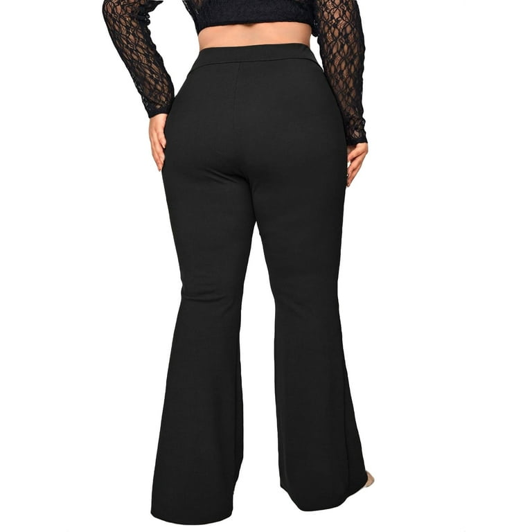 Elegant Solid Flare Leg Black Plus Size Pants (Women's)