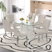 Sumdeal Contemporary 7-Piece Dining Table Set - 63" Tempered Glass Table with White Double Pedestal Base & 6 Beige Velvet Tufted Dining Chairs