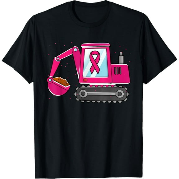Excavator Pink Ribbon Breast Cancer Awareness Construction T-Shirt