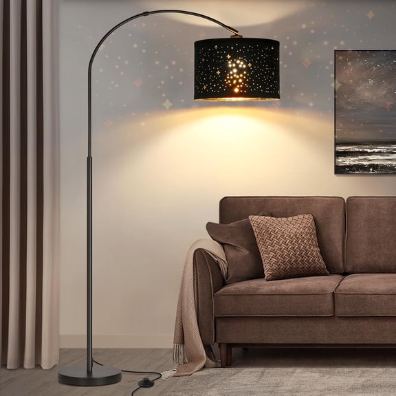 Modern Arc Floor Lamp, Tall Pole Lamp with Black Stars Lampshade, Arched Reading Light with 350Adjustable Lamp Head, Over Couch Hanging Light for Living Room, Bedroom, Office
