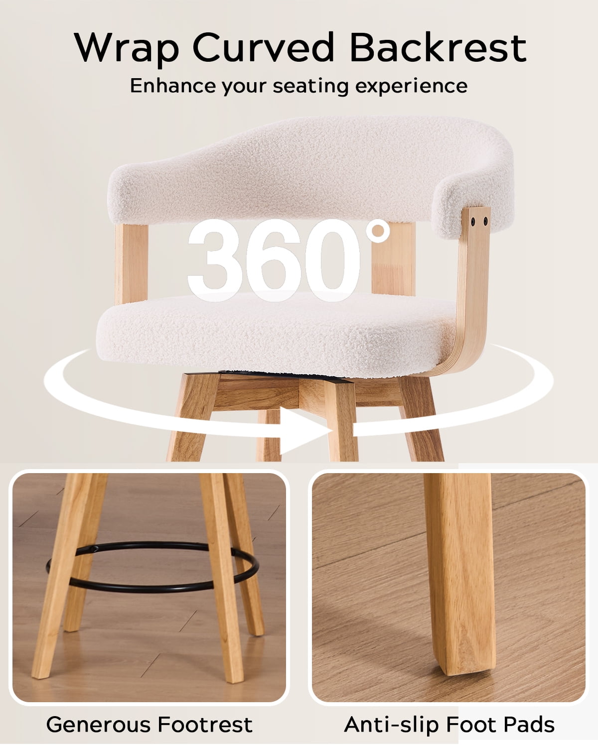 EYYTHUNG Swivel Boucle Barstool Set of 2, Mid Century Modern Dining Chairs with Arms and Wood Legs, Upholstered Kitchen Chairs, White and Natural Oak