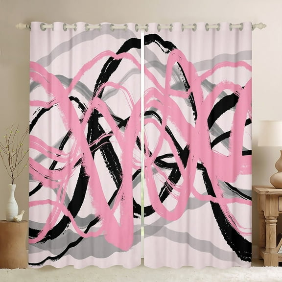 Erosebridal Abstract Geometric Stripes Curtains Pack of 2(38x45),Oil Painting Style Black Out Curtains,Pink Black Curtains for Living Room,Breathable Room Decor