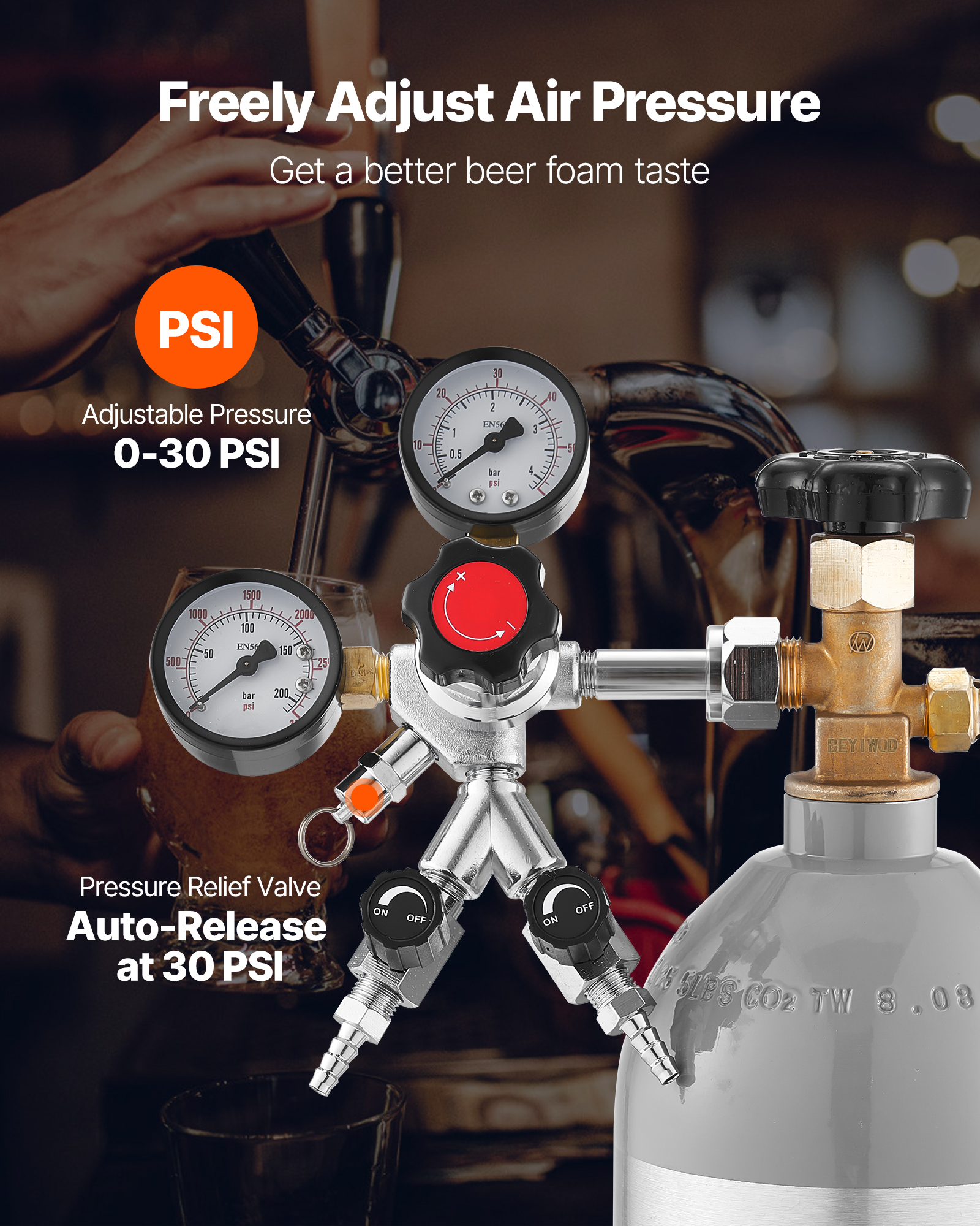 VEVOR CO2 Regulator, Dual-Gauge Dual-Valve Beer Keg Regulator, 0–60 PSI Adjustable Pressure, Heavy-Duty CO2 Tank Gas Regulator with 2 Check Valves, for Draft Beer Homebrewing, Fits CGA320 Interface