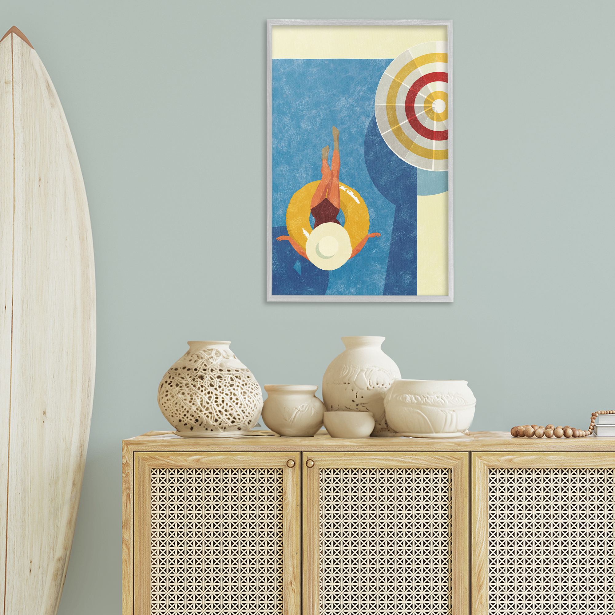 Stupell Industries Relaxing on Pool Float Novelty Painting Gray Framed Art Print Wall Art, 20 x 30