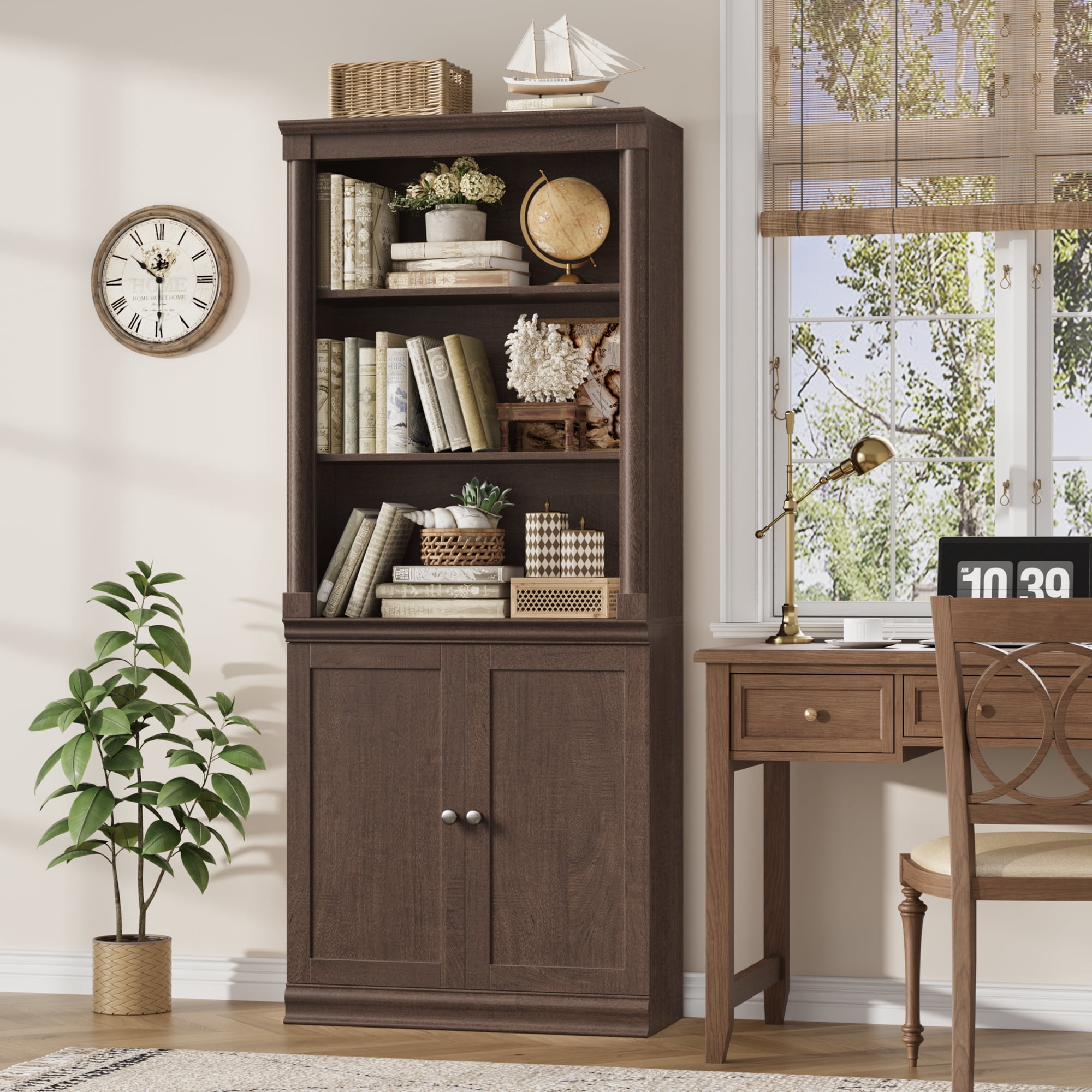 Homfa 71"H Bookcase with Doors, 5 Tier Storage Bookshelf with Adjustable Shelf for Study Home Office, Reddish-Brown