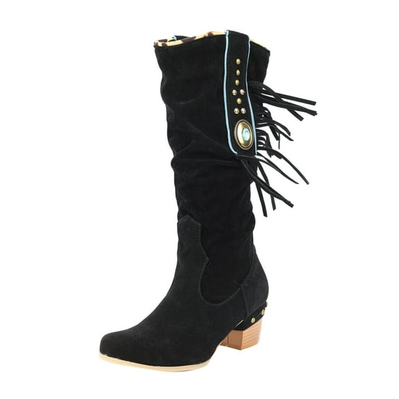 YLYL Fringe Boots for Women Boho Cowboy Cowgirl Mid Calf Western Ankle Pull on Fashion Short Booties Walking Shoes