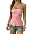 thumbnail image 2 of Women Strapless Textured Tube Top Ruffle Hem Peplum Slim Solid Casual Tank Elastic Fit, 2 of 8