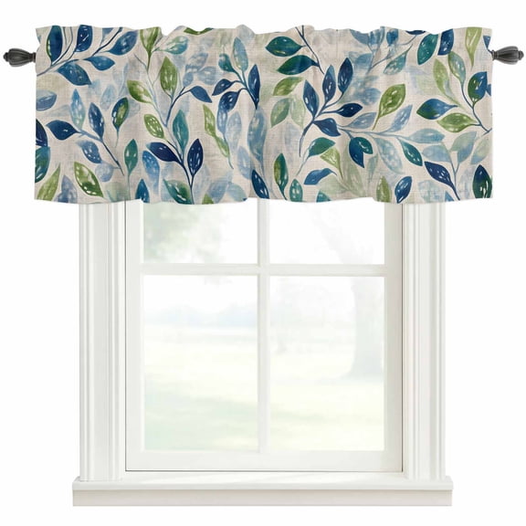 Green Blue Leaf Window Valance Curtain Spring Leaves Rod Pocket Short Curtain for Living Room, Bedroom & Kitchen Window Decor 42x18in