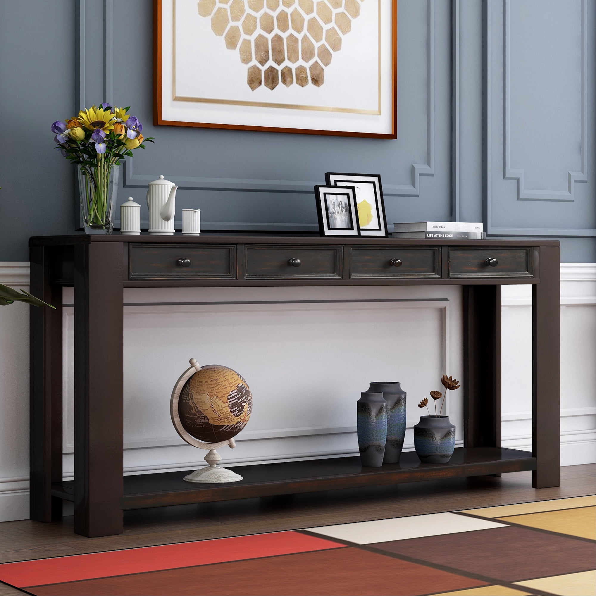 Console Table with 4 Drawer, Industric Entrywall Hallway Sofa Table